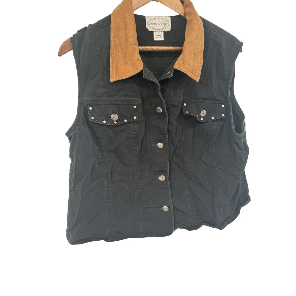 Vintage Stonebridge Western Denim Vest Women 1X Black Boho Cowgirl Rodeo‎ studed